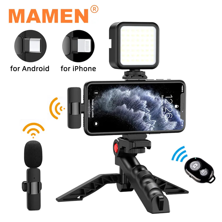 Vlogging Kit Equipment Phone Tripod with 2.4G Wireless Lavalier Microphone for iPhone Android Smartphone Tablet SLR Camera